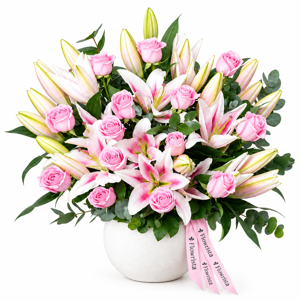 Flowrista pink rose and pink-and-white lily arrangement with eucalyptus in a rounded white pot