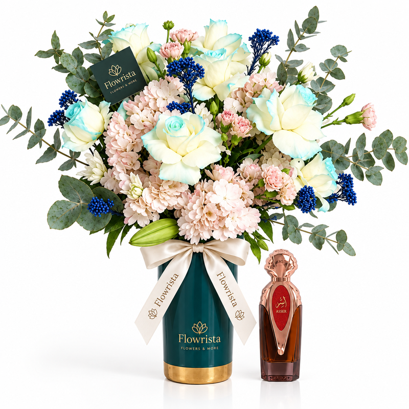 Asser 100ml perfume beside Flowrista pastel flowers in a teal vase with gold base