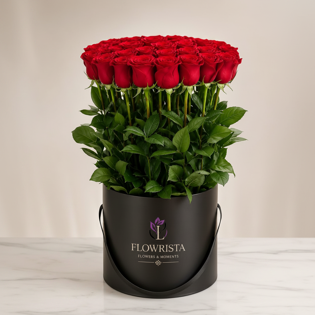 Flowrista grand red roses black box with 50 long stem red roses and Flowrista branded hat box