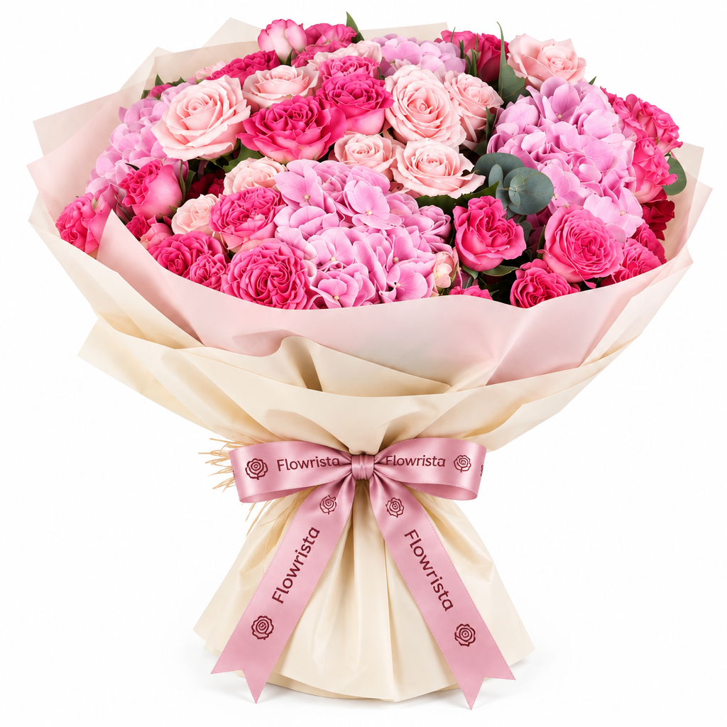 Flowrista pink rose and hydrangea bouquet in cream and blush wrapping