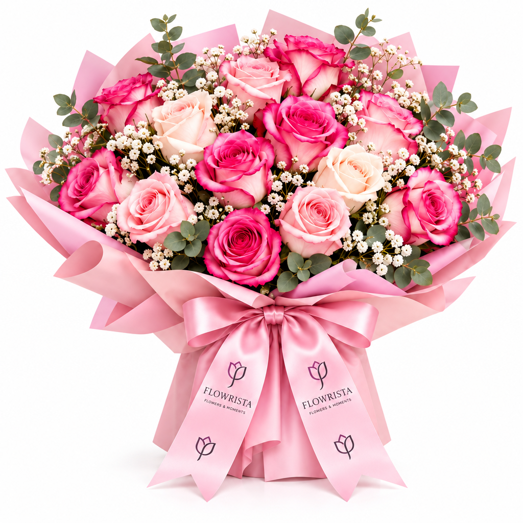 Pink and cream roses with gypsophila in Flowrista pink wrap and satin bow