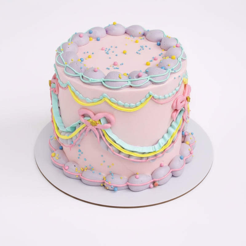 One-kilo Sugar Sweet pale-pink vintage cake with pastel piping, bows and colorful sprinkles