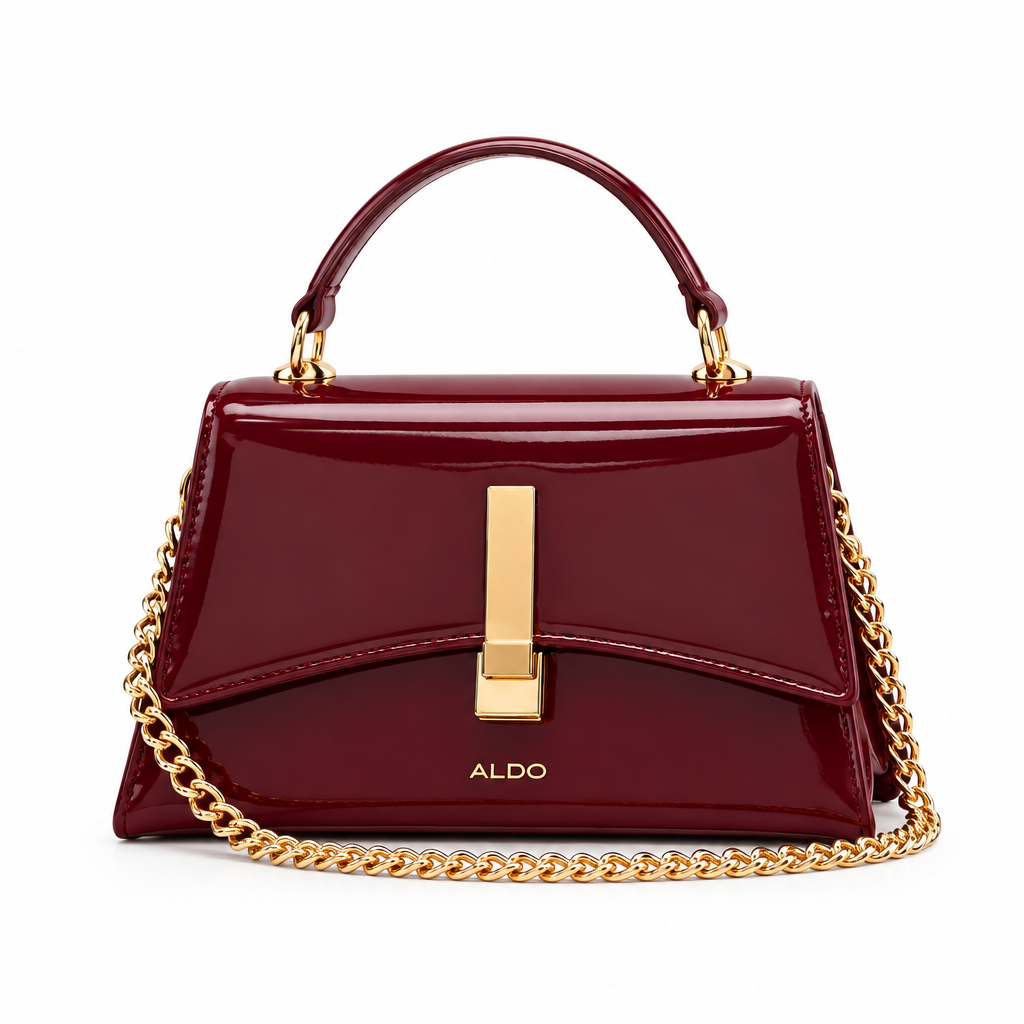 Burgundy patent ALDO Arrabella top handle bag with gold clasp and chain strap