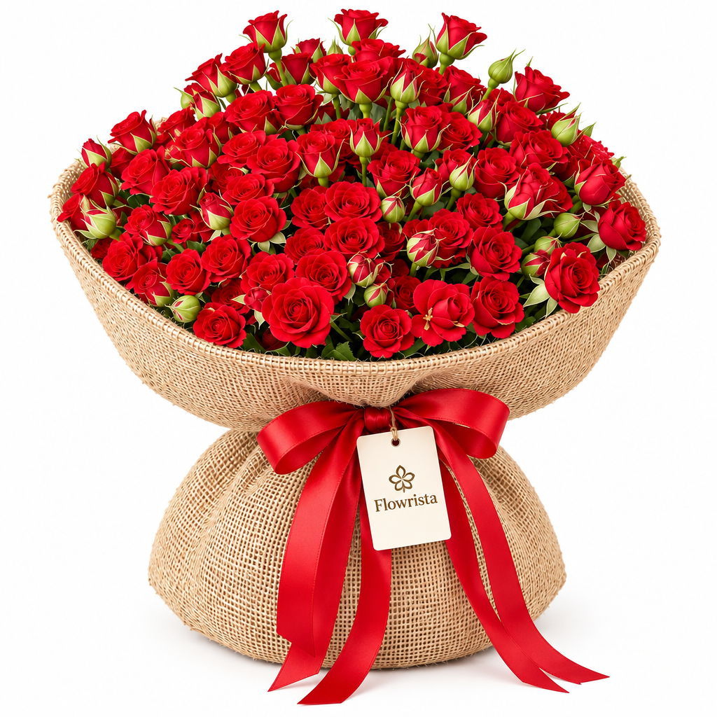 Flowrista red spray rose bouquet in natural burlap with red satin bow and branded tag