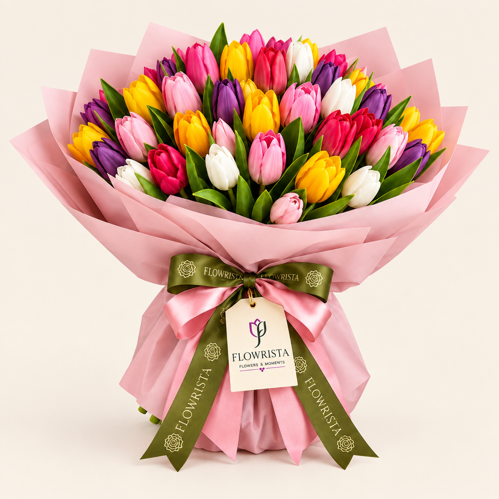 Flowrista mixed pink yellow purple white and red tulip bouquet in pale pink wrapping