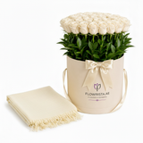Mango vanilla cotton scarf with Flowrista 50 white roses hat box luxury gift set