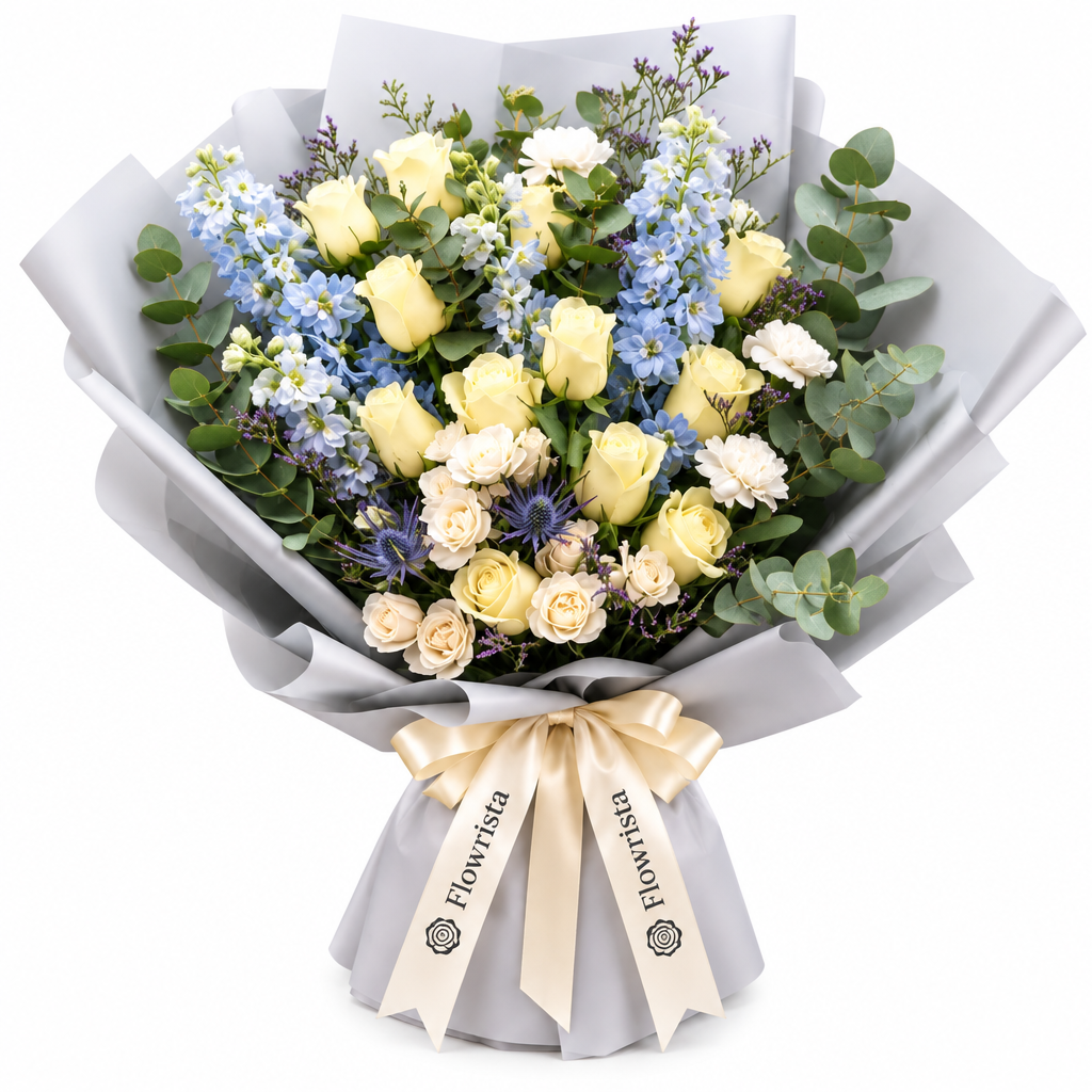 Flowrista cream roses and pale-blue flowers with eucalyptus in grey wrapping and a cream ribbon