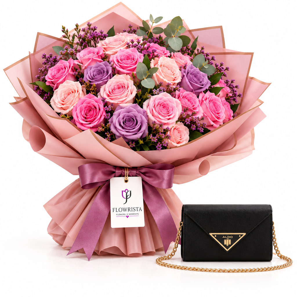 Flowrista pink and lavender rose bouquet with ALDO Brimorton black wallet gift set