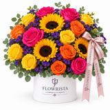 Flowrista white flower box with sunflowers, pink, orange and yellow roses and purple accents