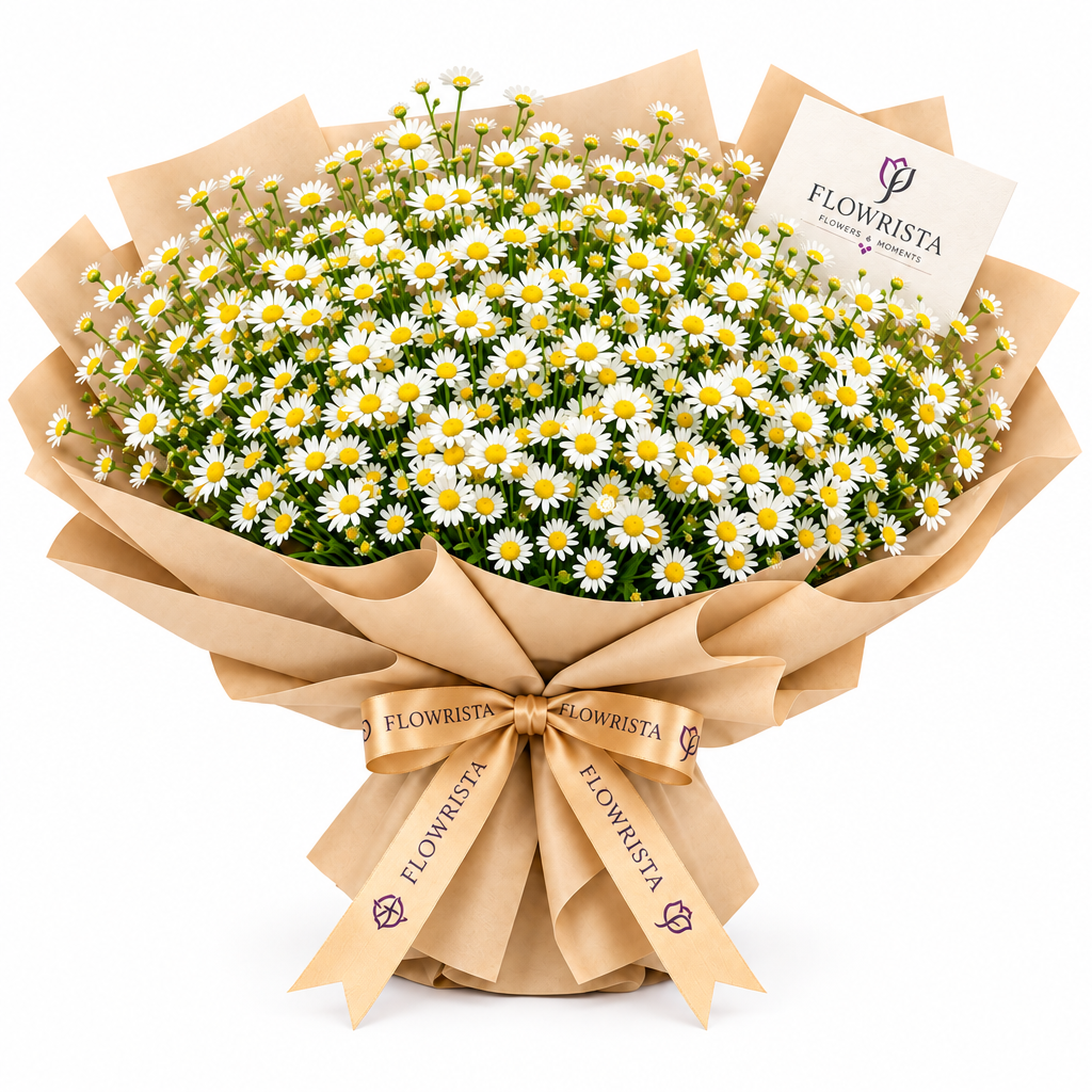 Flowrista white daisies with yellow centres in kraft wrapping with branded ribbon and card