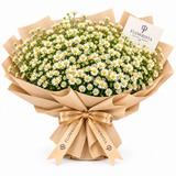 Flowrista white daisies with yellow centres in kraft wrapping with branded ribbon and card
