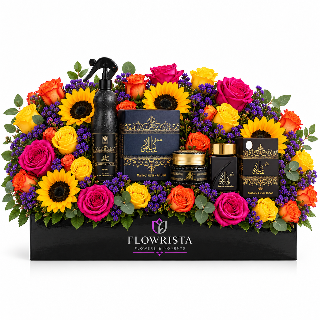 Ashiq Al Oud mamoul bakhoor and air freshener with fresh sunflowers and colourful roses in a black Flowrista planter