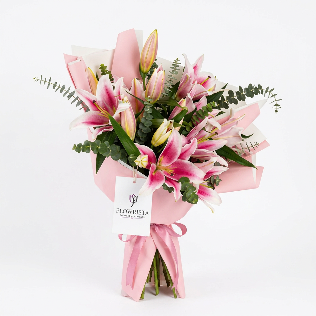 Fresh pink lily bouquet with eucalyptus in pink wrapping and ribbon with Flowrista Flowers & Moments gift tag