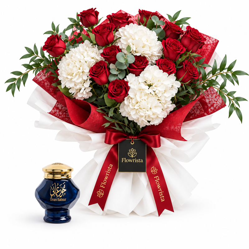 Omani Bakhour blue jar with gold lid beside Flowrista red rose and white hydrangea bouquet