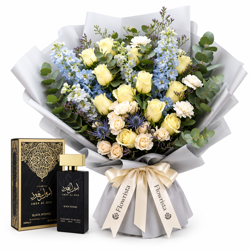 Amir Al Oud Black Intense perfume and box beside Flowrista cream rose and pale-blue flower bouquet