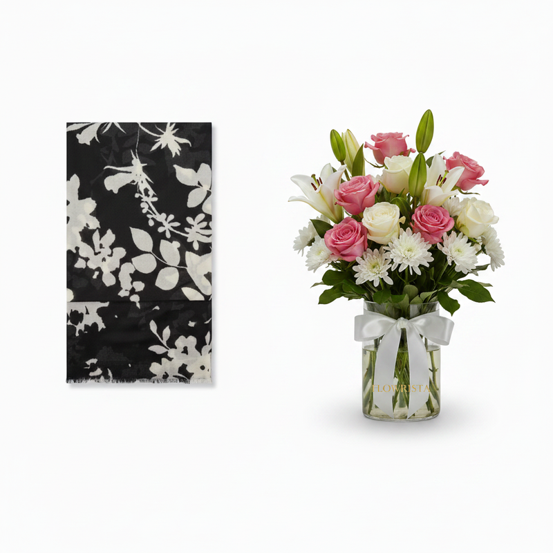Mango Black Printed Scarf with Flowrista Mixed Bouquet Vase