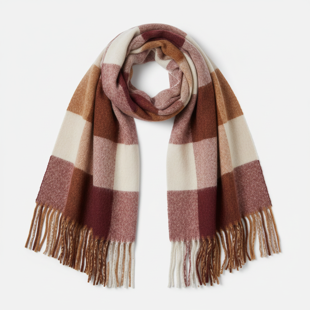 Mango check plaid scarf in dusty rose burgundy cream and camel tones with fringed ends