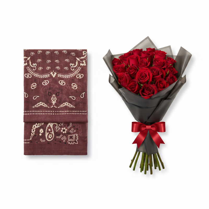 Mango Chocolate Paisley Scarf with Red Roses Bouquet