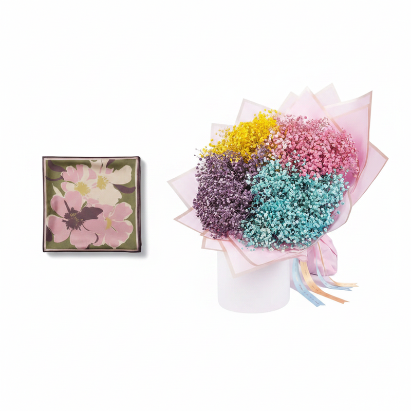 Mango Floral Print Scarf Pink with Rainbow Clouds Bouquet