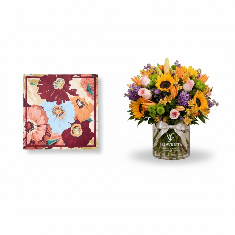 Mango Floral Print Scarf Pink with Sunflower Mixed Vase