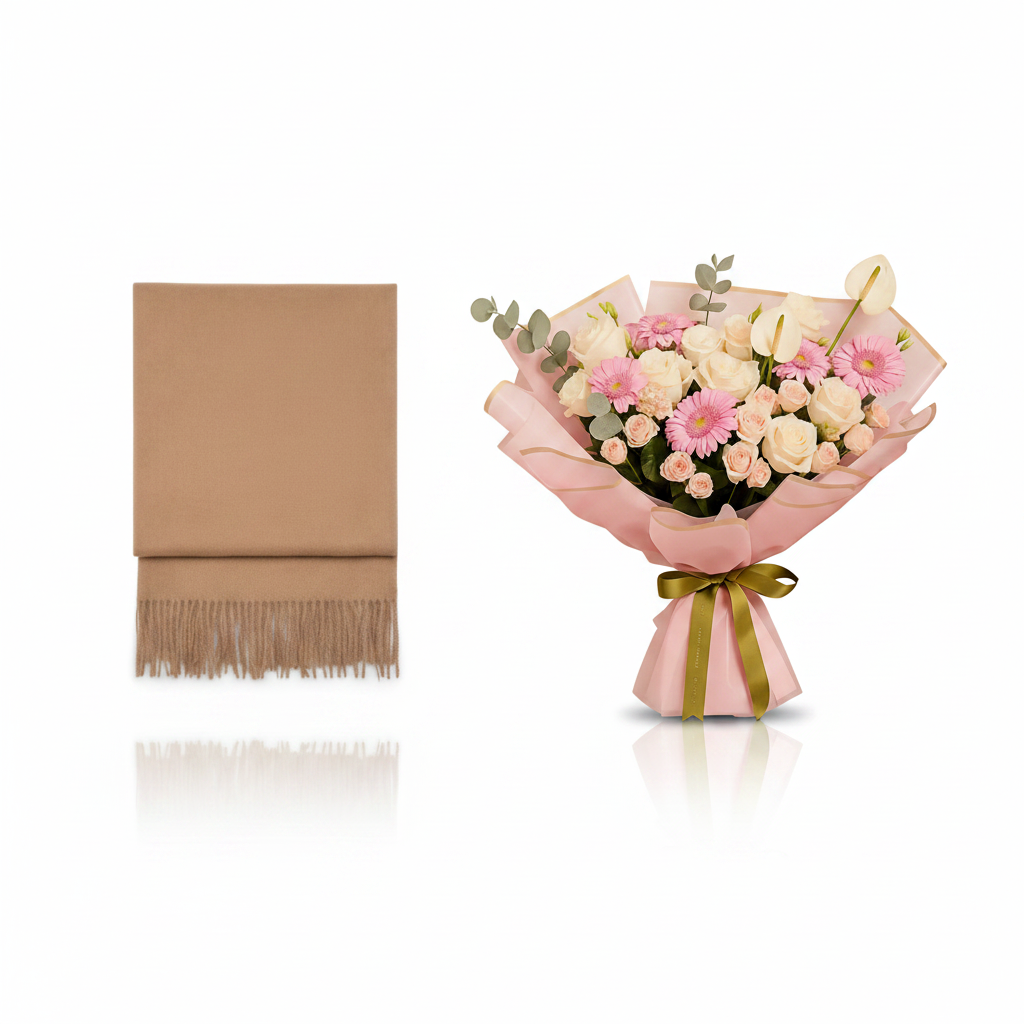Mango Fringed Edge Scarf Brown with Whispers of Grace Bouquet