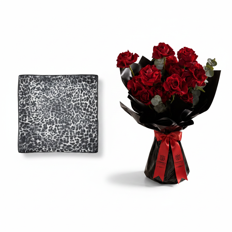 Mango Leopard Scarf with Red Roses Black Bouquet