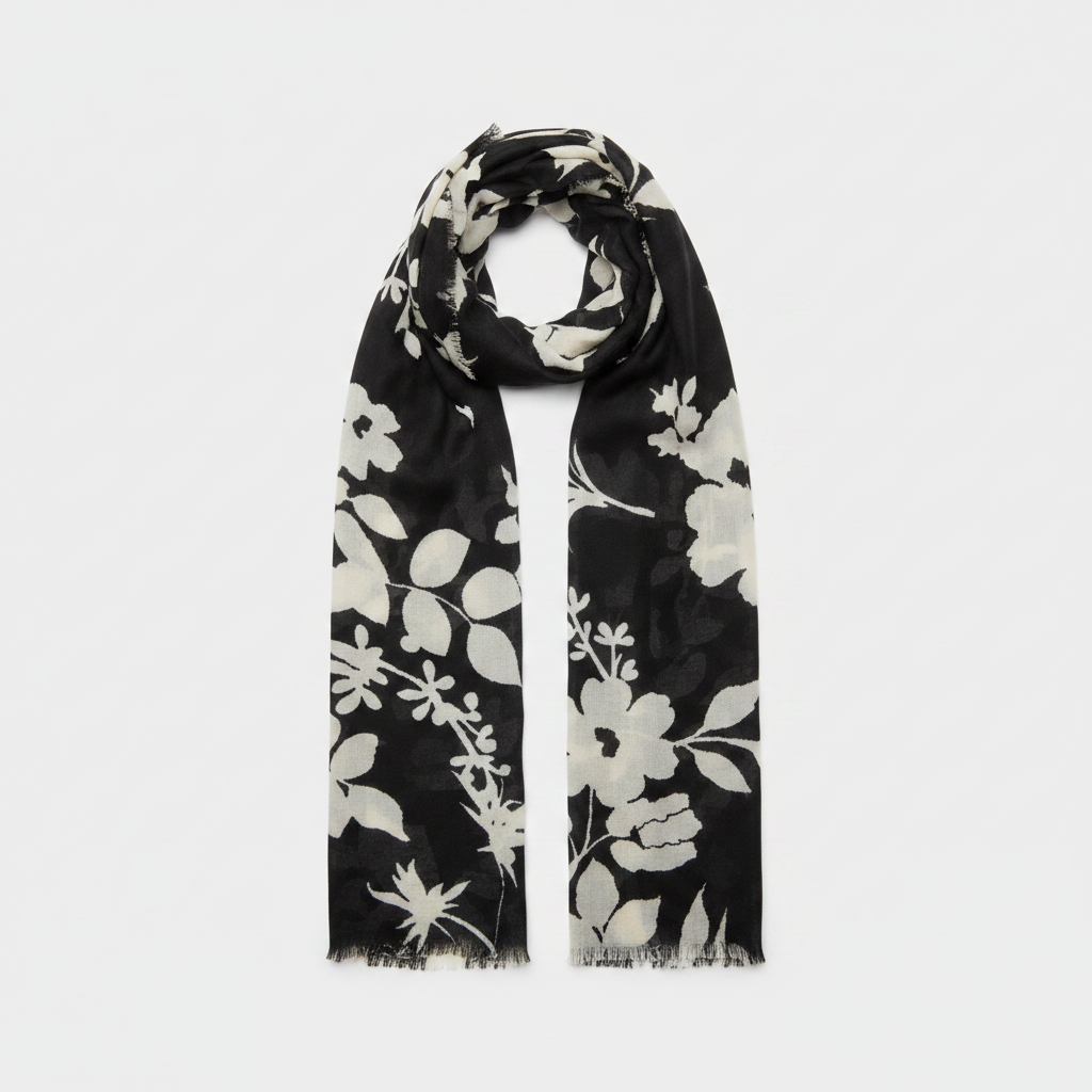 Mango Printed Scarf Frayed Finishes Black