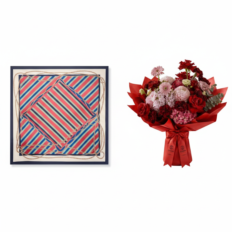 Mango Red Chain-Print Scarf with Red Mixed Bouquet