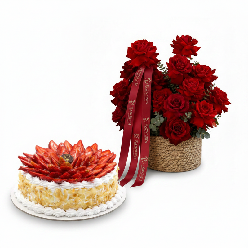 Mister Baker Strawberry Cake with Flowrista Red Roses Basket