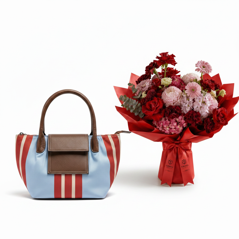 Parfois Blue Striped Tote with Flowrista Bouquet