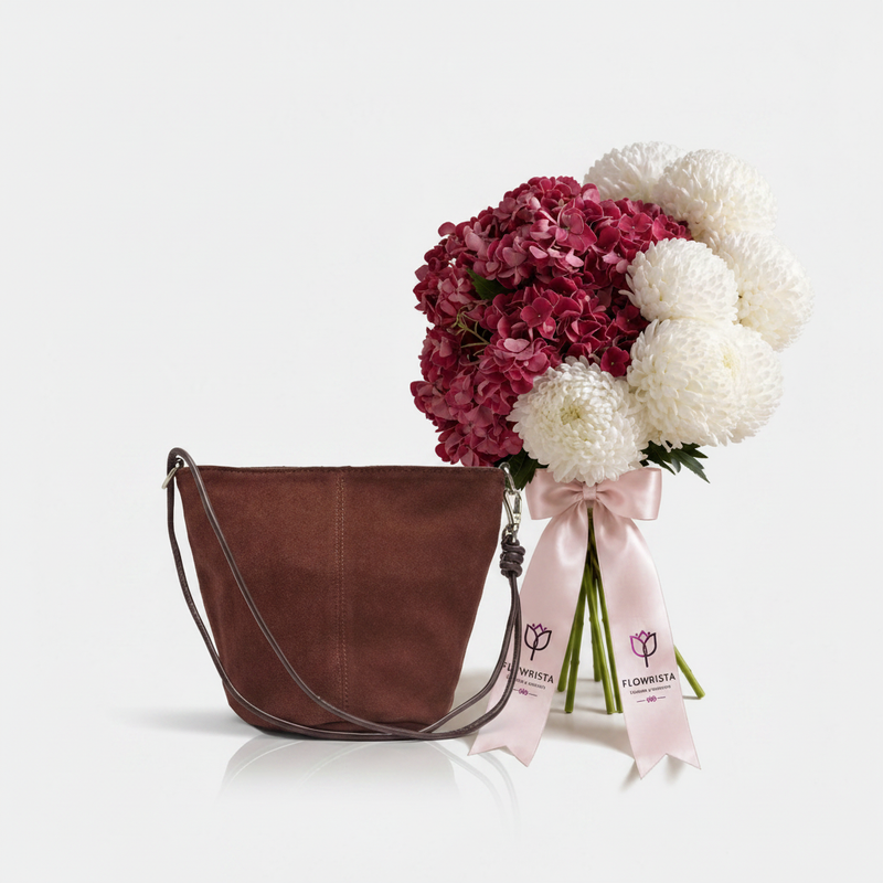 Parfois Brown Bucket Bag with Burgundy Hydrangea Bouquet