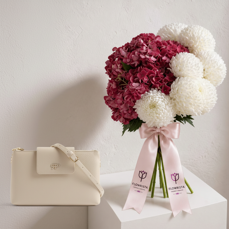 Parfois ecru crossbody bag with Flowrista hydrangea bouquet gift set Dubai