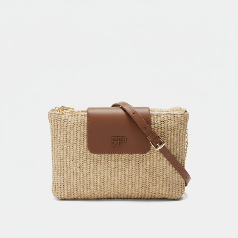 Parfois Natural Straw Crossbody Tan Leather Flap