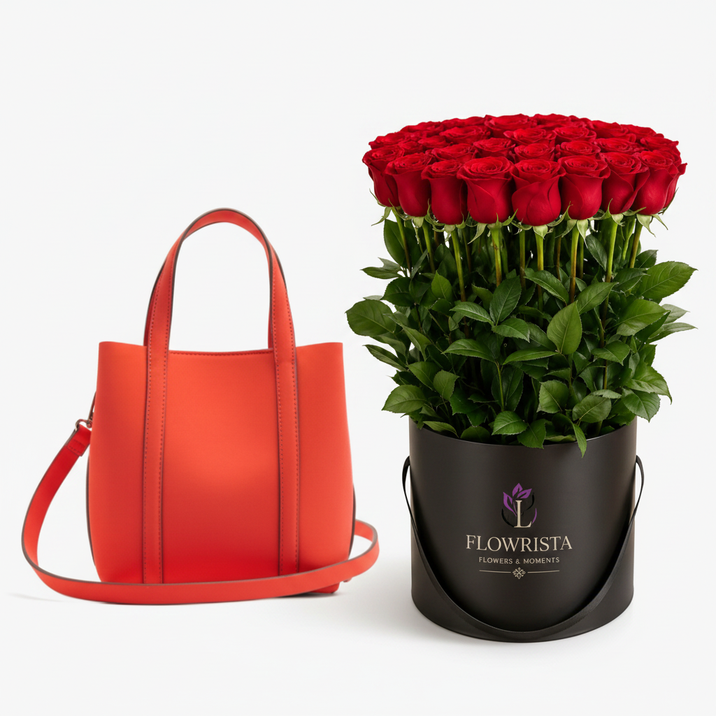 Parfois Red-Orange Tote with Flowrista Grand Red Roses Box