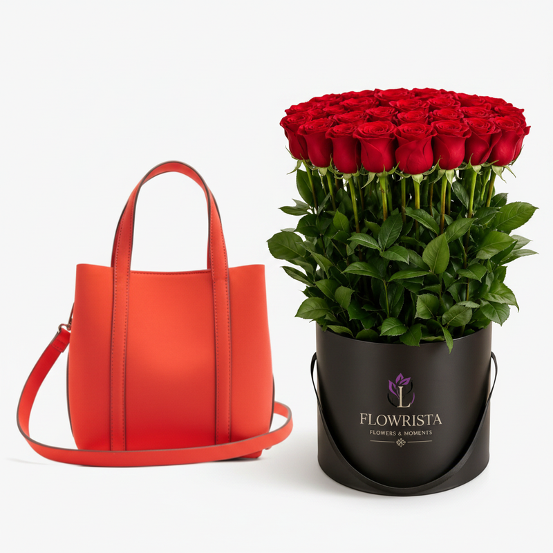 Parfois Red-Orange Tote with Flowrista Grand Red Roses Box