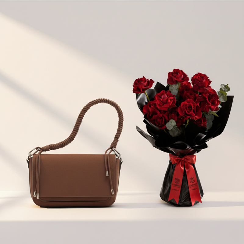 Parfois Straw Crossbody with Flowrista Red Roses Black Wrap