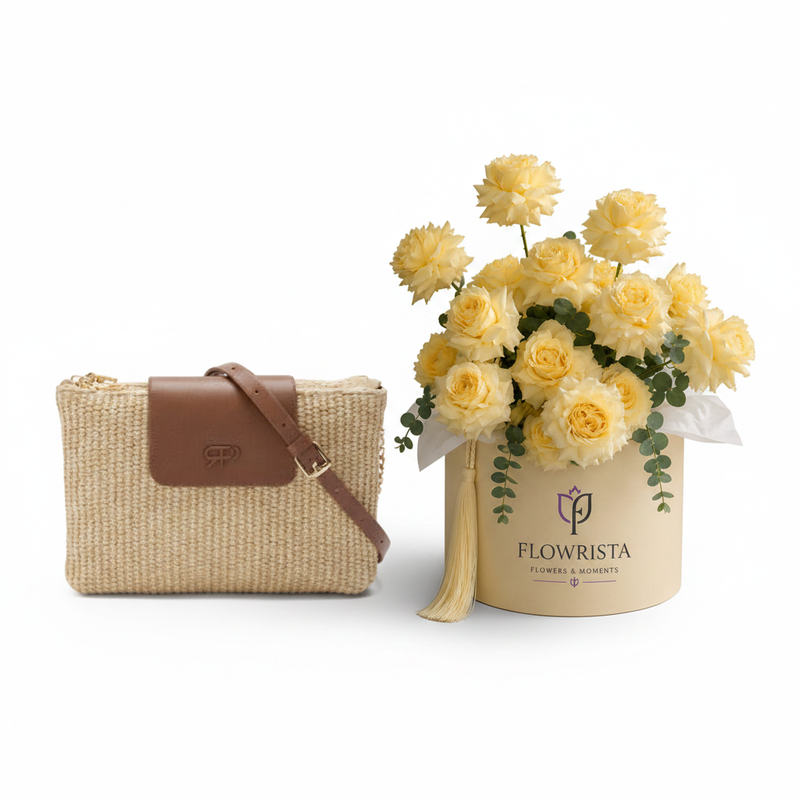 Parfois Straw Crossbody with Flowrista Yellow Spray Roses Box