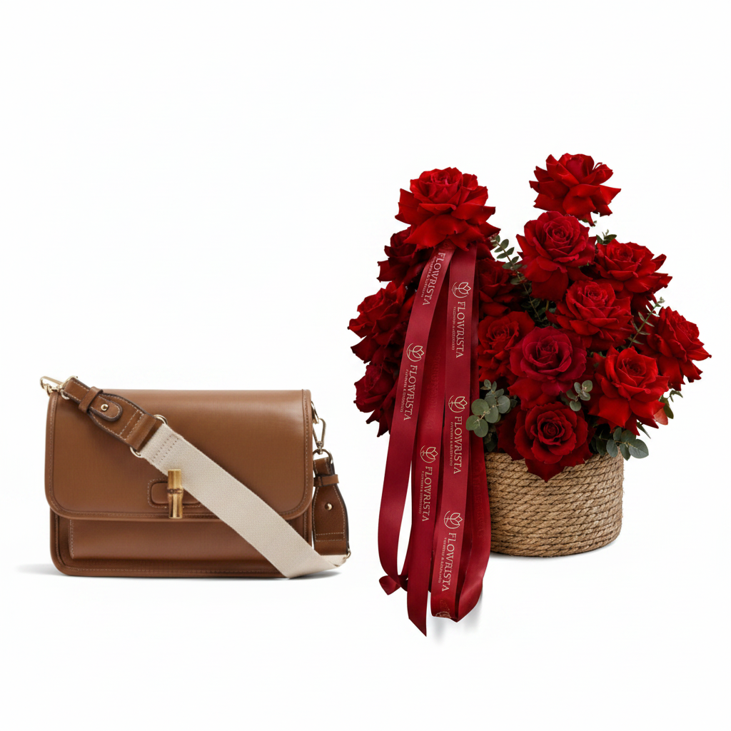Parfois Tan Bag with Flowrista Red Roses Heart Basket