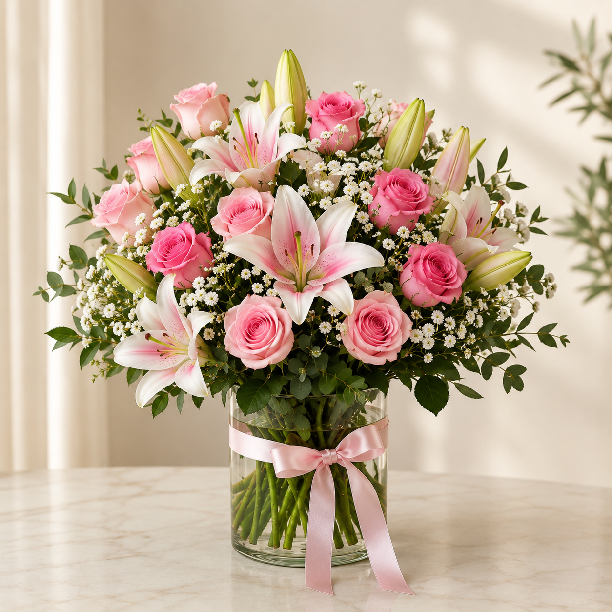 Luxury pink roses and stargazer lilies bouquet in glass vase with pink satin ribbon, Dubai flower delivery