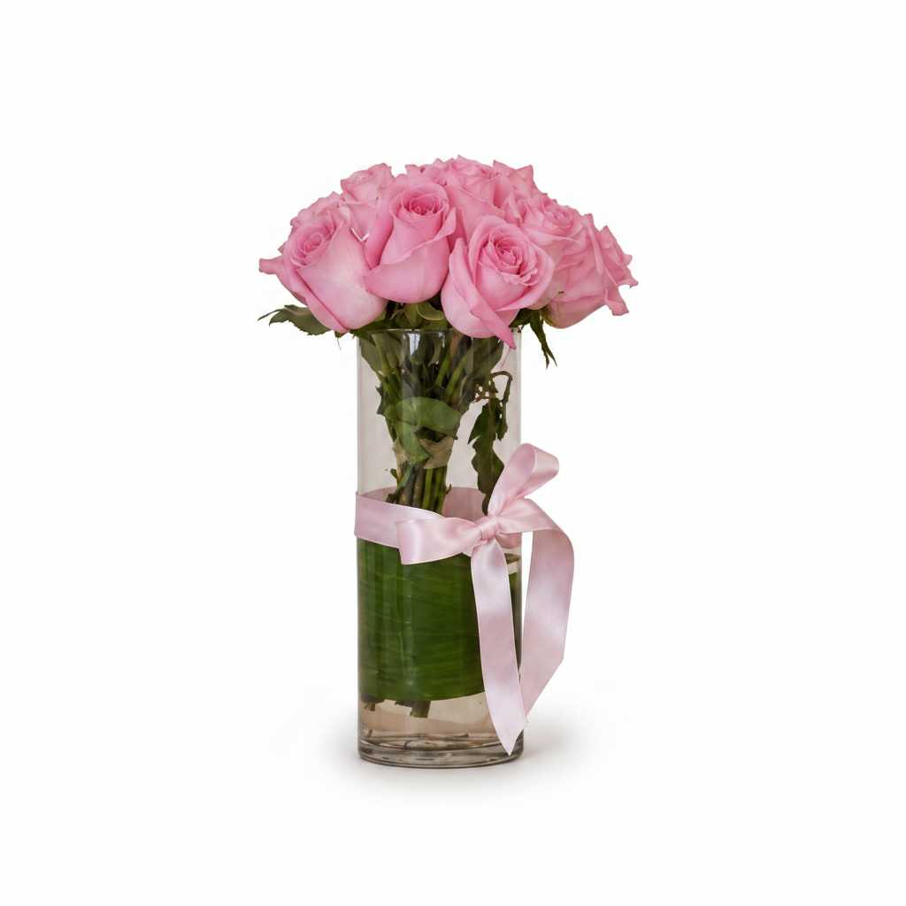 Pink Roses Vase - Clean White Background