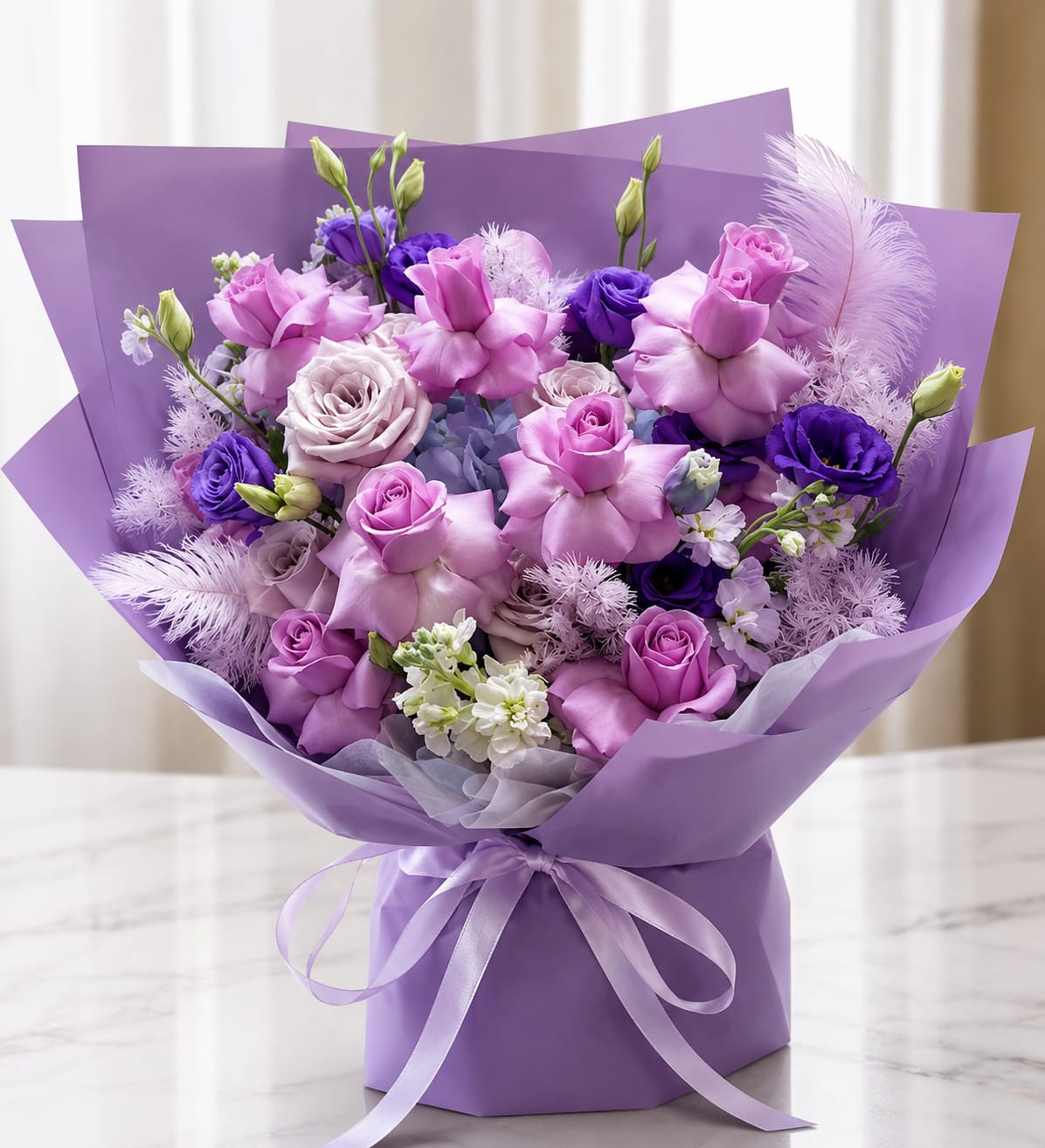 A vibrant flower bouquet wrapped in lavender purple paper, featuring pink and purple roses, purple lisianthus, white filler flowers, and a purple satin ribbon bow, displayed on a light marble surface.