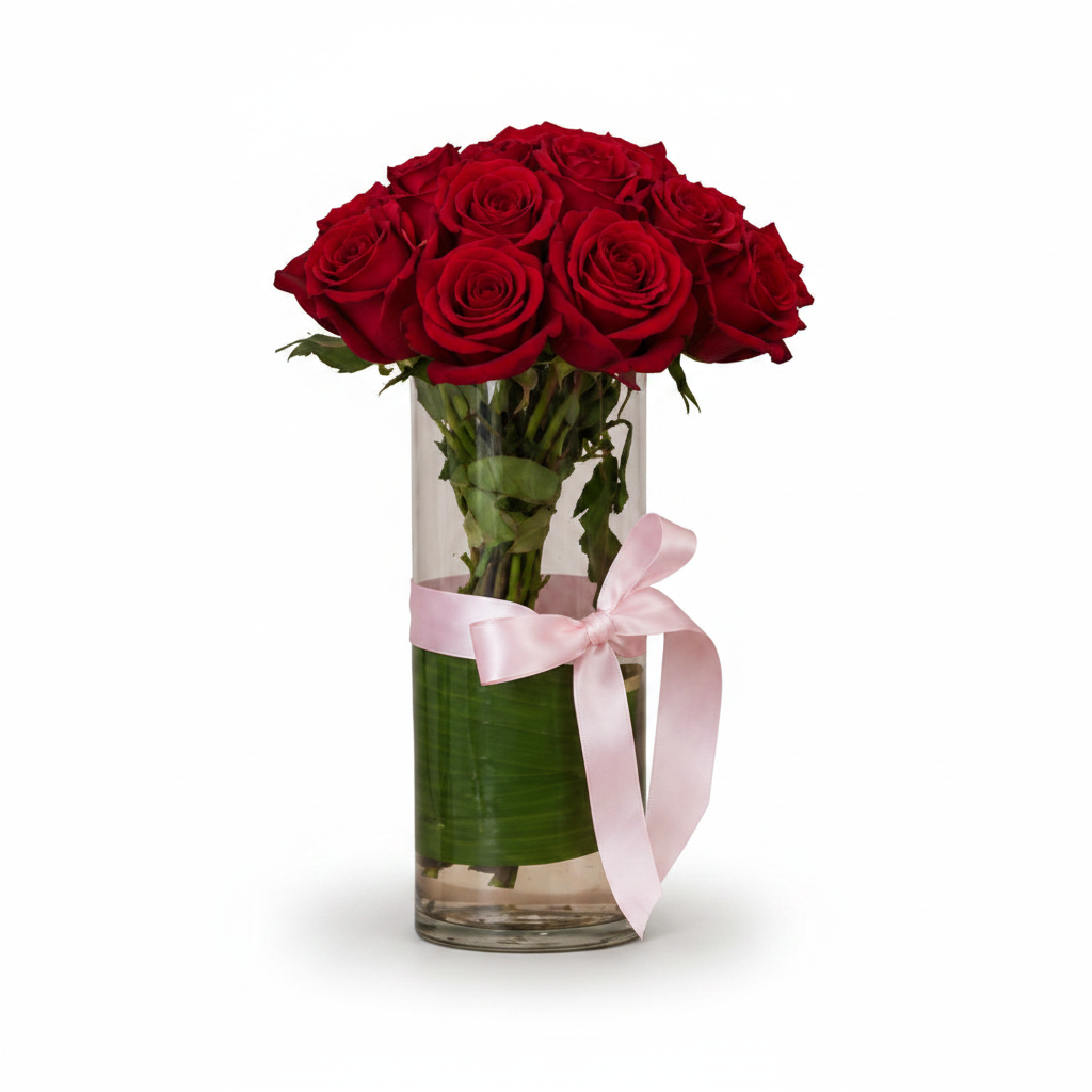Red Roses Vase - Clean White Background