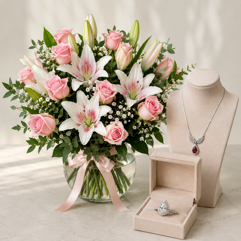 Silvara platinum-plated zircon necklace and ring set with pink roses and oriental lilies in white vase – luxury gift Dubai
