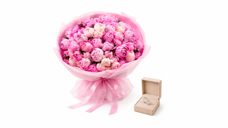 Silvara Pear-Cut Solitaire & Beaded Band Ring Set with Pink Peony Bouquet