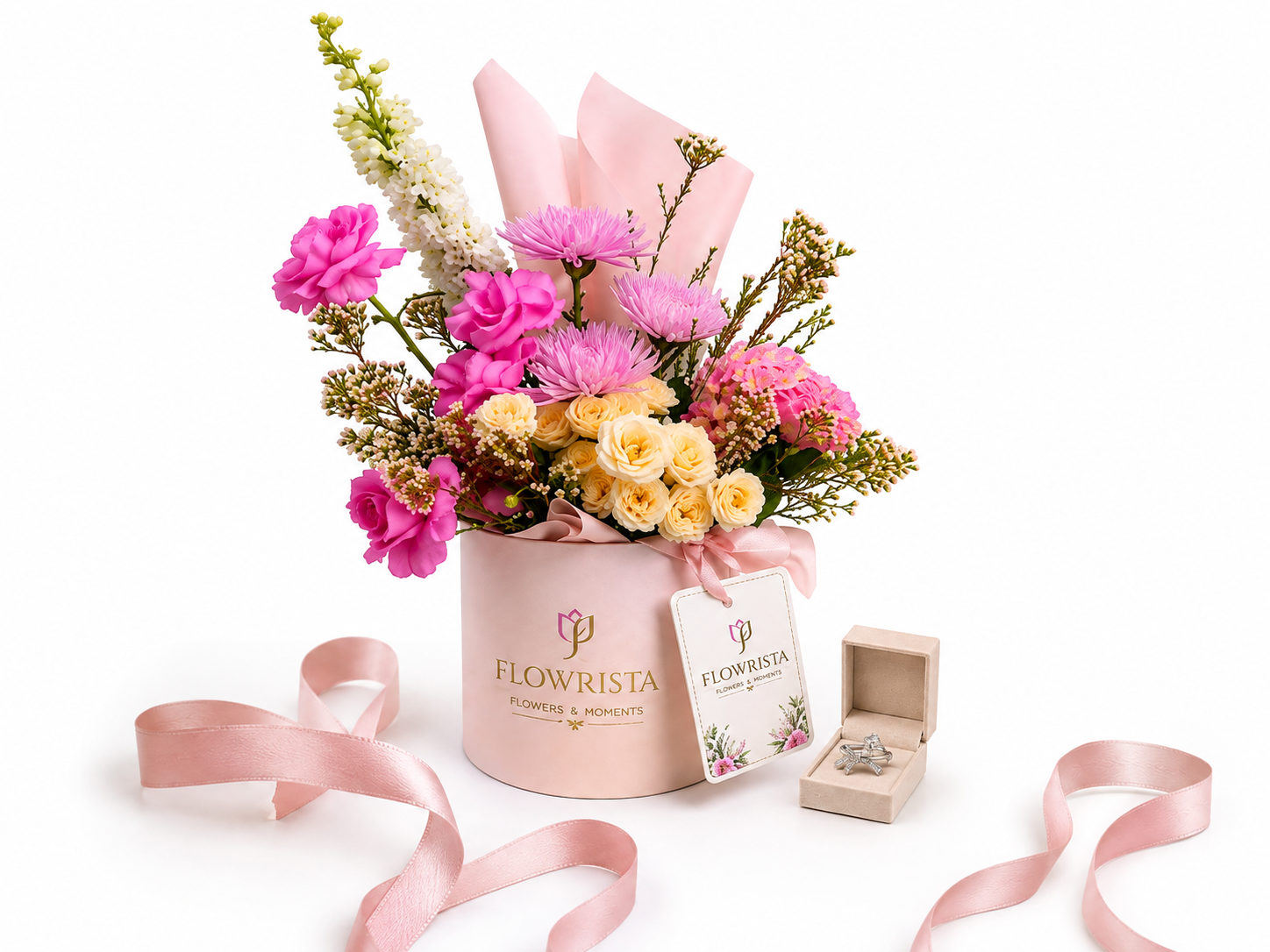 Silvara Bow Pavé Ring & Pastel Mixed Flower Flowrista Hat Box