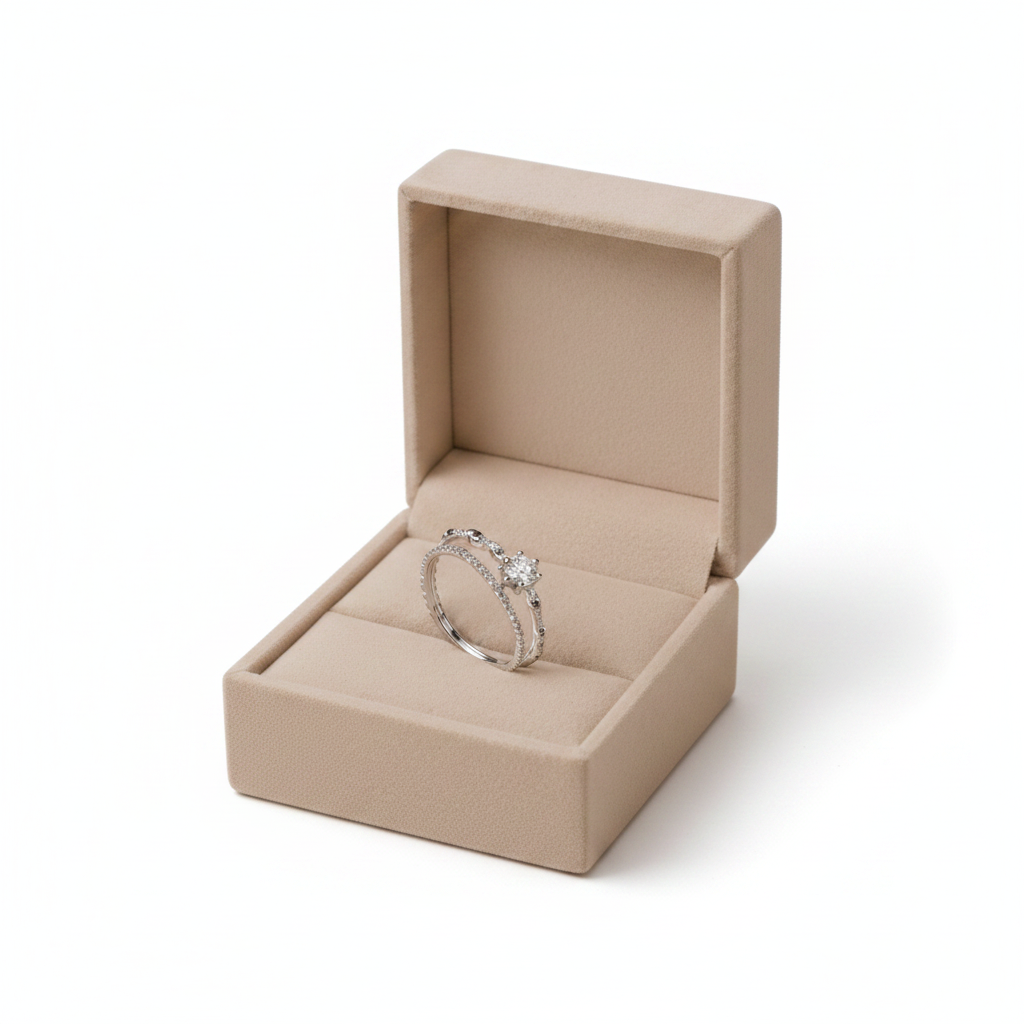 Silver Ring Set in Beige Velvet Box - White Background