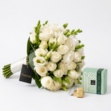 White Flowrista bouquet with Patchi chocolates