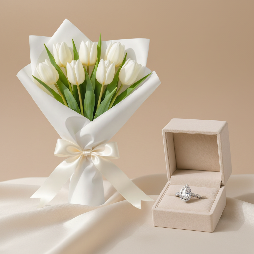 White Tulips & Diamond Ring Gift Set