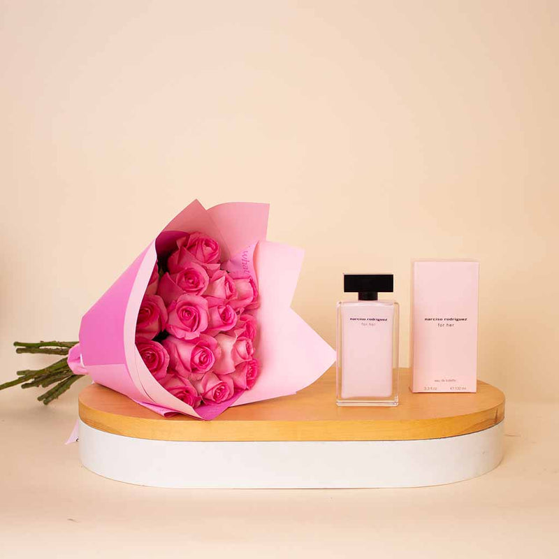 Narciso Rodriguez Musc Black Elegance Perfume & Pink Roses Hand Bouquet