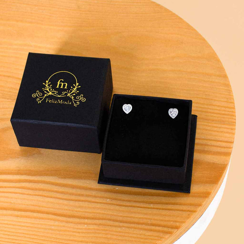 Feliz Moda Heart silver earrings with zircon stone And Deep Purble Bag